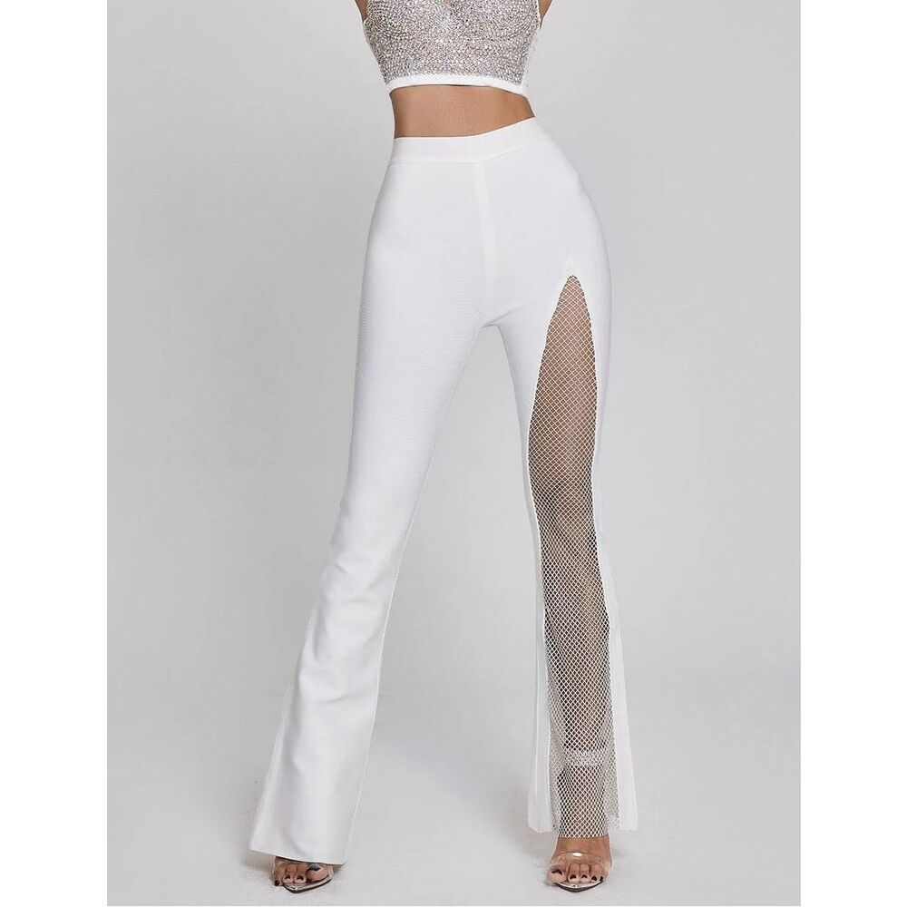 Mew Mews Fashion Della Mesh Diamond Bandage Pants In White Flared Size: Med